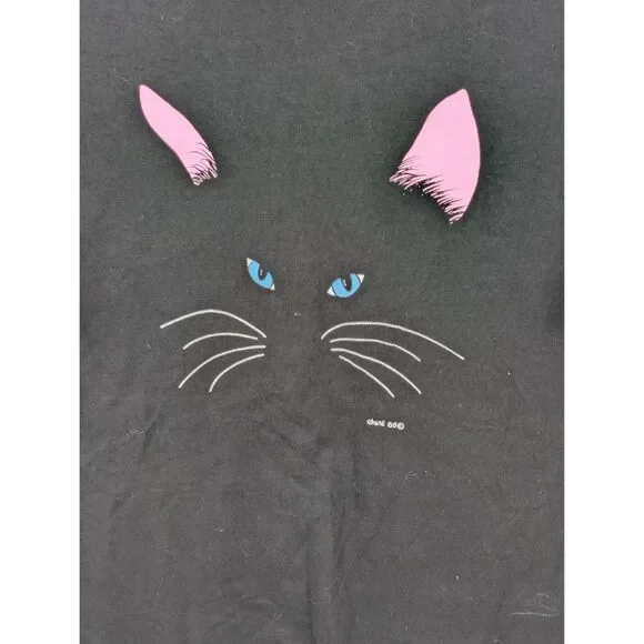 Vintage 1986 Cat Face T-Shirt Black Women's Size Large 42-44 - Picture 2 of 11
